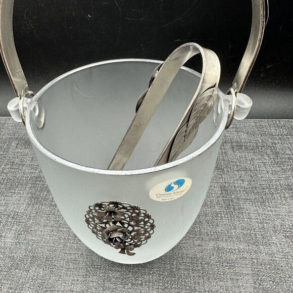 Arte Murano Silvestri Ice Bucket Frosted Glass Metal Rose Pattern Italy Vintage - Picture 8 of 16